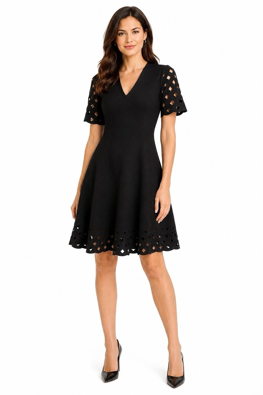 Milly Black Laser Cut Fit & Flare Dress Size 4 V-Neck Scalloped Hem Cocktail